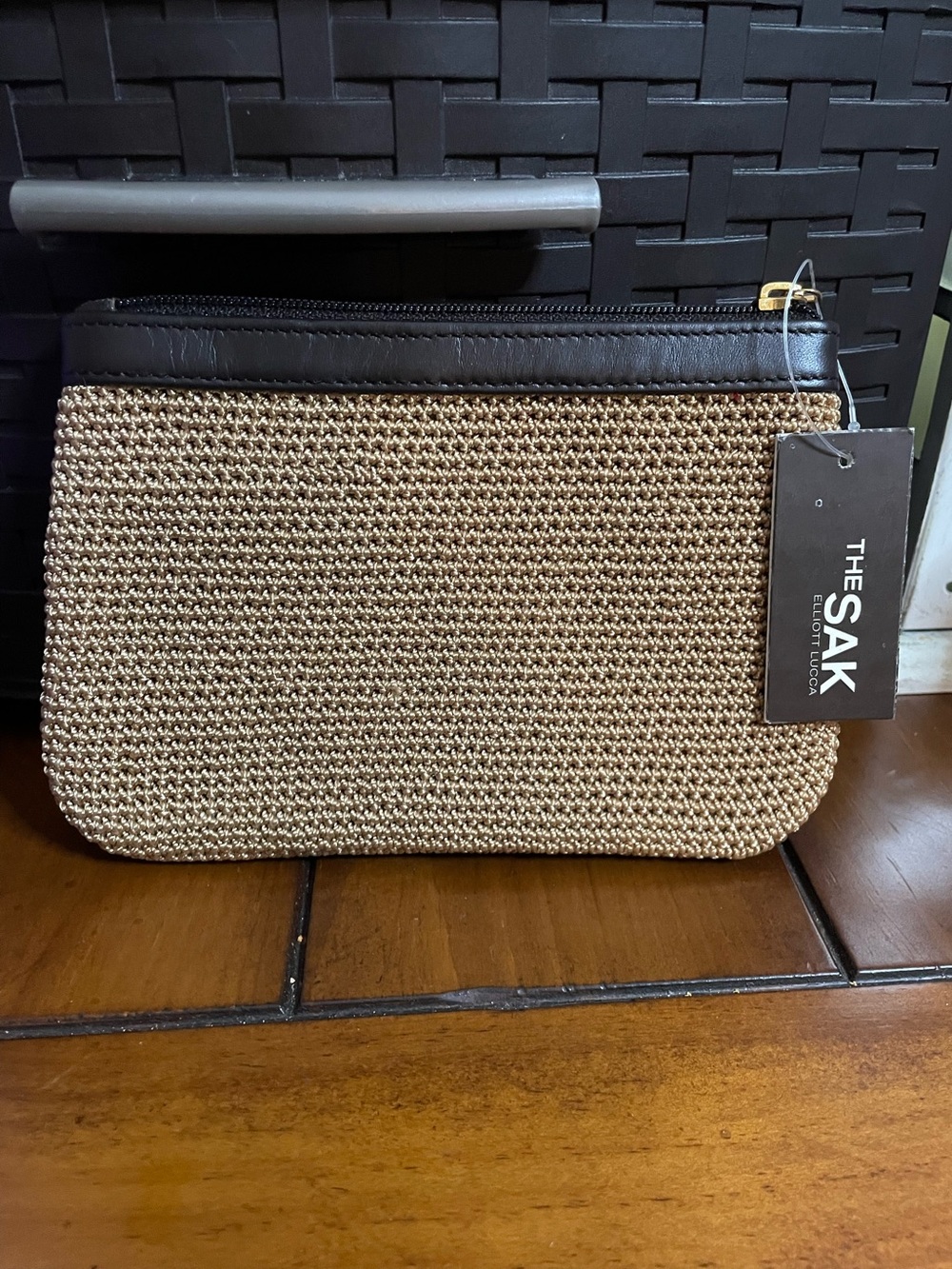 The Sak Tan Woven Zip Pouch with Black Trim